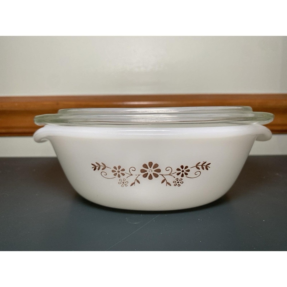 VTG Dynaware PYR-O-REY Pyrorey Milk‎ White Casserole Bowl Brown Flower W/ Lid